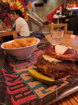 The burgers are huge and can be cooked to order! And you can ask for tater tots instead of french fries at no extra cost.