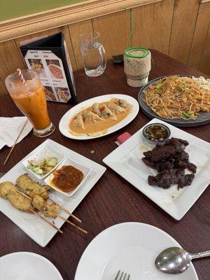 Chicken Satay, Chicken Pad Thai, Panang Gyoza, Thai Fried Beef Jerky