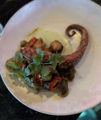 Octopus with Brussels sprouts, delicious.