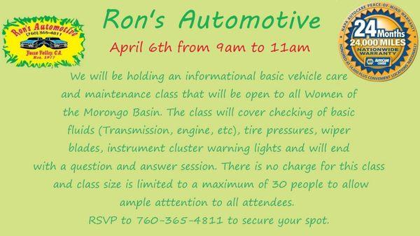 Women's Basic Maintenance Class April 6th 2019