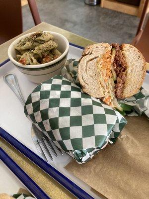 Korean jackfruit sandwich w/ pasta salad