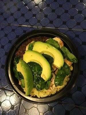 Avocado bowl combo meal includes a drink  With black beans, rice, spinach, avocado, chicken