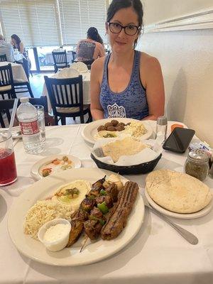 Kebab Sultani (foreground), Falafel Plate (background)