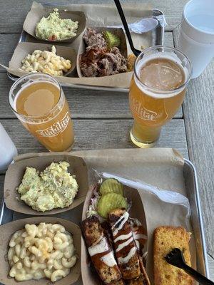 Pulled pork and smoked tofu cornbread platters - potato salad and mac and cheese as sides! Heavenly.