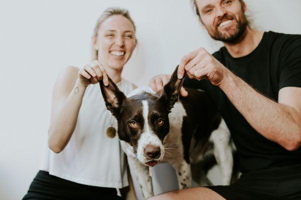 Resident yoga dog Harley and his parents.