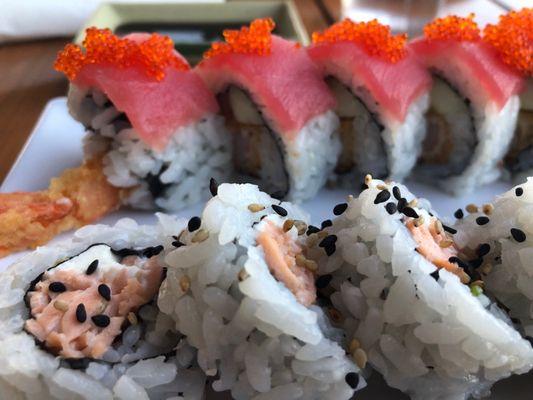 Pacific Roll (up close), Red Dragon Roll (in back)