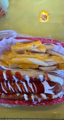 Kids hotdog and cheese fries