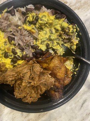 Cuban bowl with beef and plantains, cream of curry topping sauce!