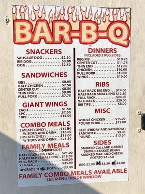 Menu as of Sept 2019