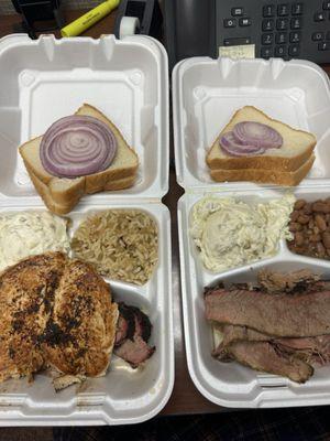 Brisket, chicken, pulled pork, rice, beans, potato salad