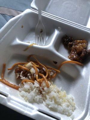 Orange Chicken Plate, chow mein, white rice