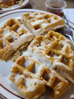 Slathered butter & syrup on fluffy delicious waffle. Oops forgot to take pic of the hash browns.  Yes lots of carbs but worth it.