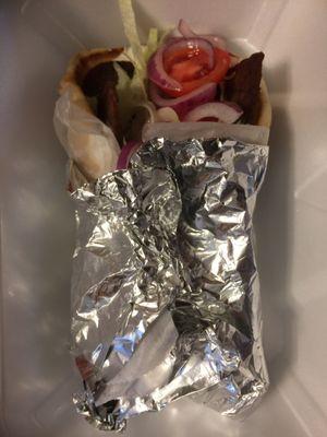 Gyro (looks like pre-sliced meat; very thin; over cooked, probably reheated)