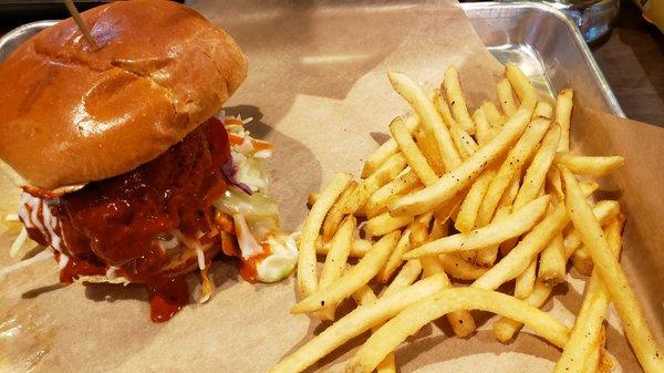 Nashville hot chicken sandwich and fries