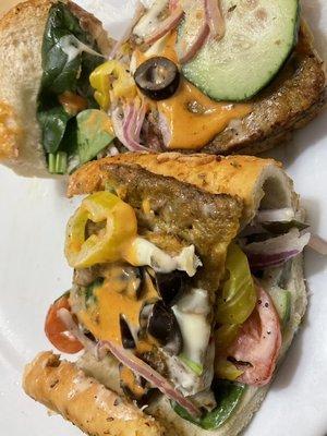 Encore photo of the absolutely underrated,delicious Veggie Patty sammy w chipotle,aioli, teriyaki sweet onion dressings plus veggies.