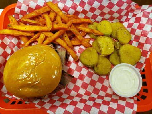 Brisket sandwich, Sweet potato fries, & Fried pickles