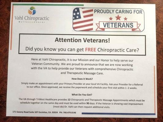 Veterans get Free Chiropractic Care with our VA Program