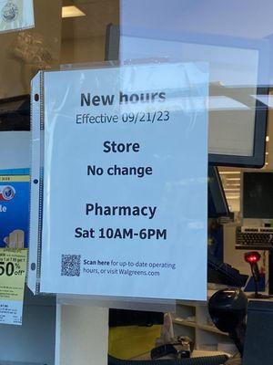 New Pharmacy Hours beginning 9.21.23