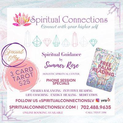 Spiritual Connections Tarot 3 Card spread special $25. Available Via Virtual Consultation.