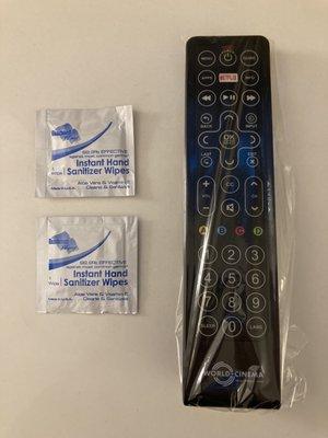 Remote in plastic wrapping with antibacterial wipes