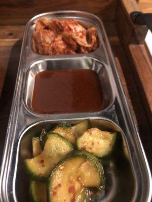 Cold cucumber dish, Kim Chee and hot sauce