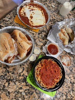 Veal parmigiana, Eggplant Parmigiana, Spaghetti with marinara and pepperoni garlic knots with marinara sauce.