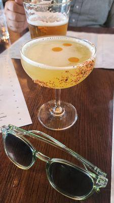 Tropical Storm cocktail with mezcal, passionfruit, chili oil and taijin. Perfection!