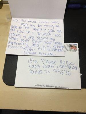 Thank you for the kind letter!!! It let's us know we are doing a good job. Thanks again Caroline