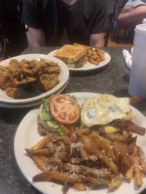 Breaded mushrooms and Wake n bacon burger, patty melt.