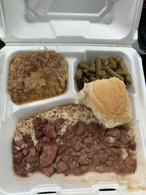 I chose the red beans and rice plus green beans. Requested the cornbread stuffing because it is to die for.