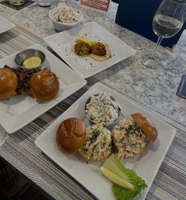 Lobster sliders, crab cakes and brisket sliders