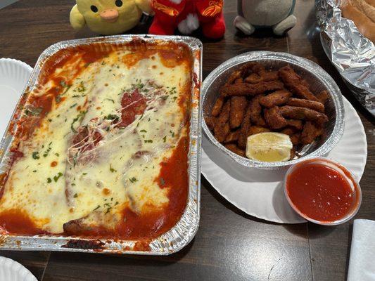 Half tray eggplant parm and zucchini fries