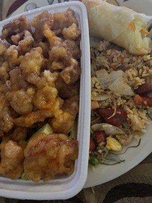 Roast Pork Fried Rice Spring Roll with Shrimp General Tso 's Chicken