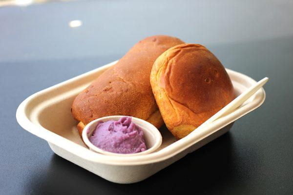 Pan de coco with ube jam ($2) and Spanish bread with ube jam ($2)