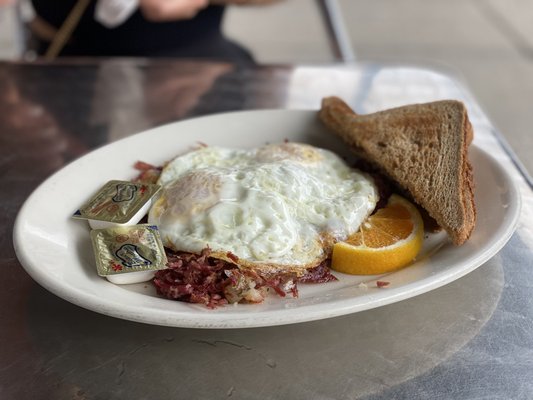 Corned Beef Hash with "over easy" eggs