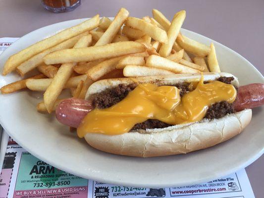 Chili cheese dog and fries