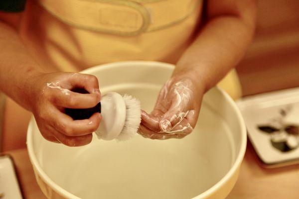 Montessori handwashing with a nail brush activity