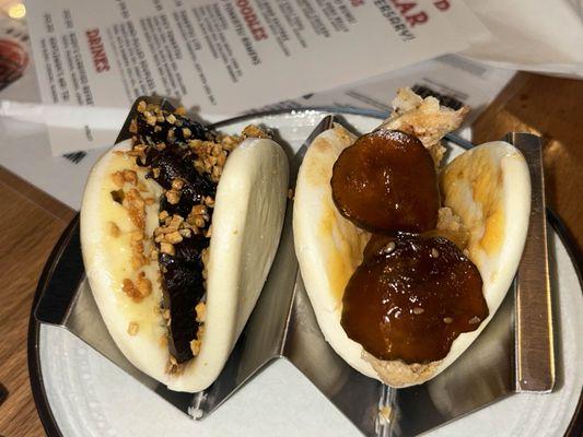 Umami Bomb Shiitake Bao (left), Habanero Mayo Chicken Bao (right)