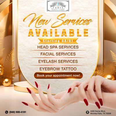 Discover our NEW services starting August 1st!
 Head Spa Services
 Facial Services 
 Eyelash Services
 Eyebrow Tattoo