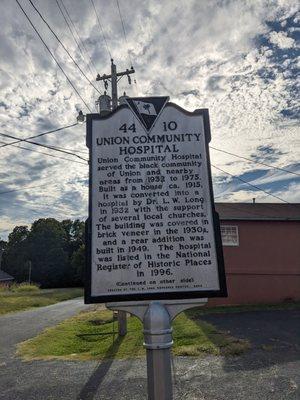 Union Community Hospital Historical Marker, Union