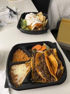 Quesabirria taco plate and Carnitas burrito