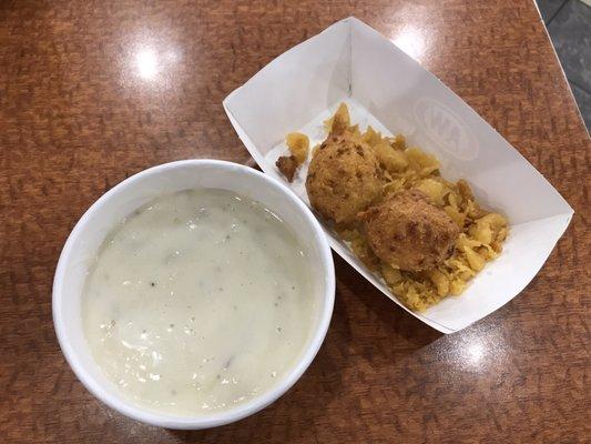 Clam chowder and hush puppies