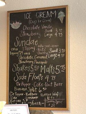 Menu of soda jerk treats. Currently serving bluebell.