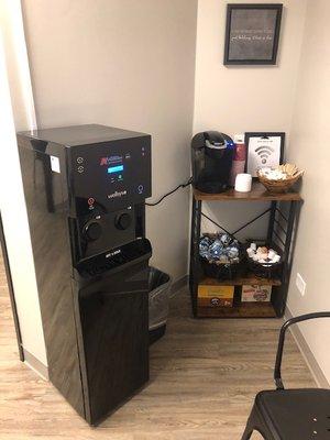 Waiting area offers filtered water and coffee