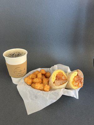 Sausage Hooked Burrito Combo. Sausage hooked burrito, side of tots, and a small house coffee.