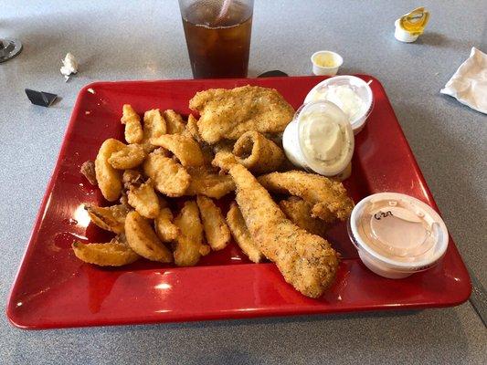 Deep-fried whitefish and onion petals.