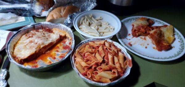 Eggplant parmesan, Pasta, Deep fried sausage calzone.