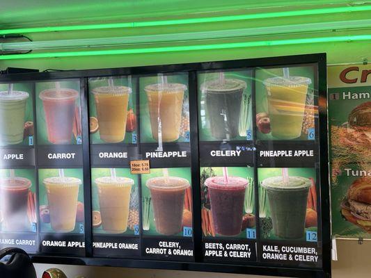 Fresh juice menu