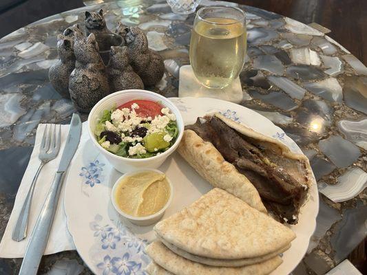 The full Gyro meal, with salad and pita with hummus!