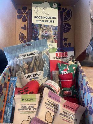 Holiday Mystery Box for Cats. $26 value for $15. Cats are living for the goodies in this box!